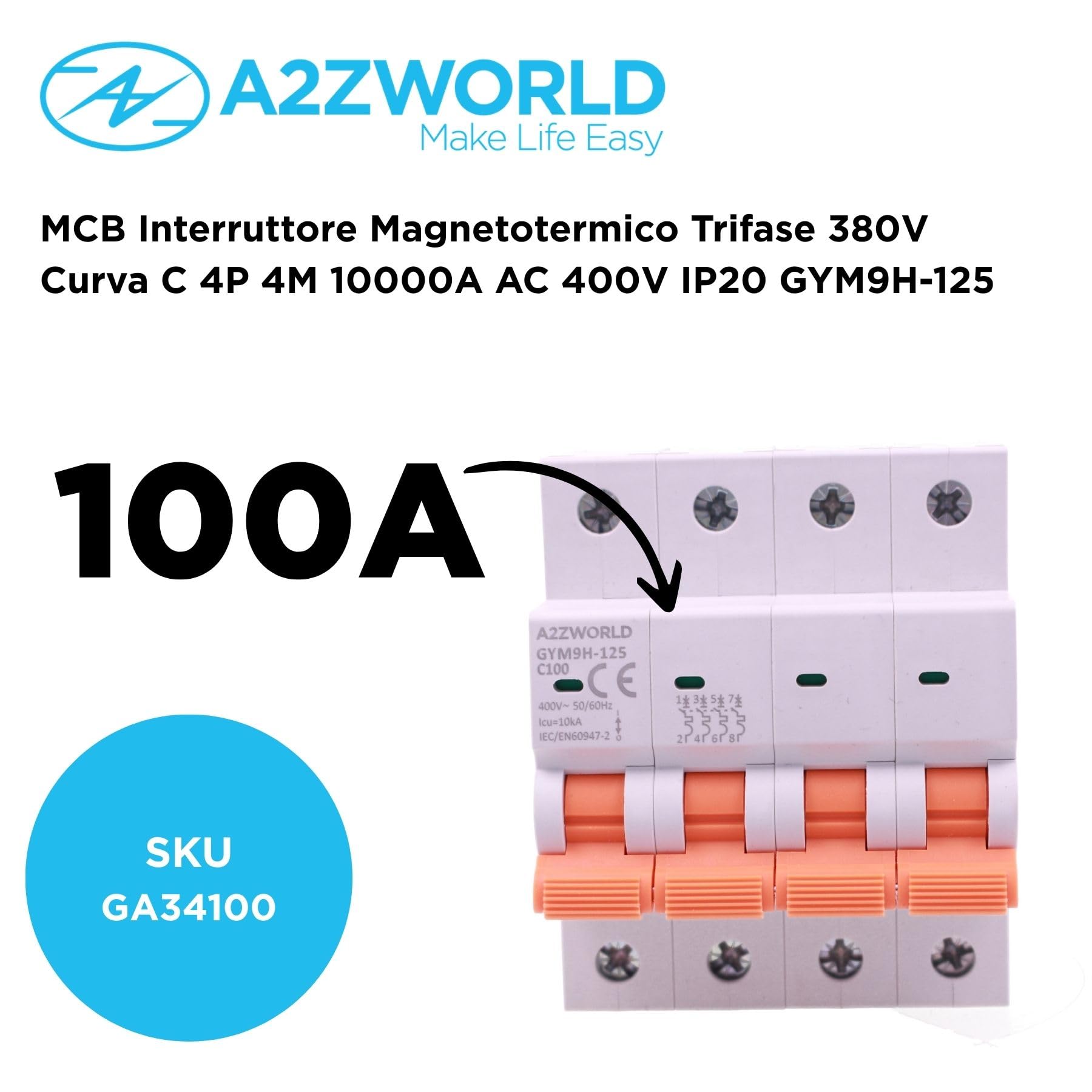 4 interruptores magnetotérmicos trifásicos 4P 100 A C100, curva C 10 kA, 4 módulos DIN 380 V AC, certificado IEC60898-1, serie GYM9H-125
