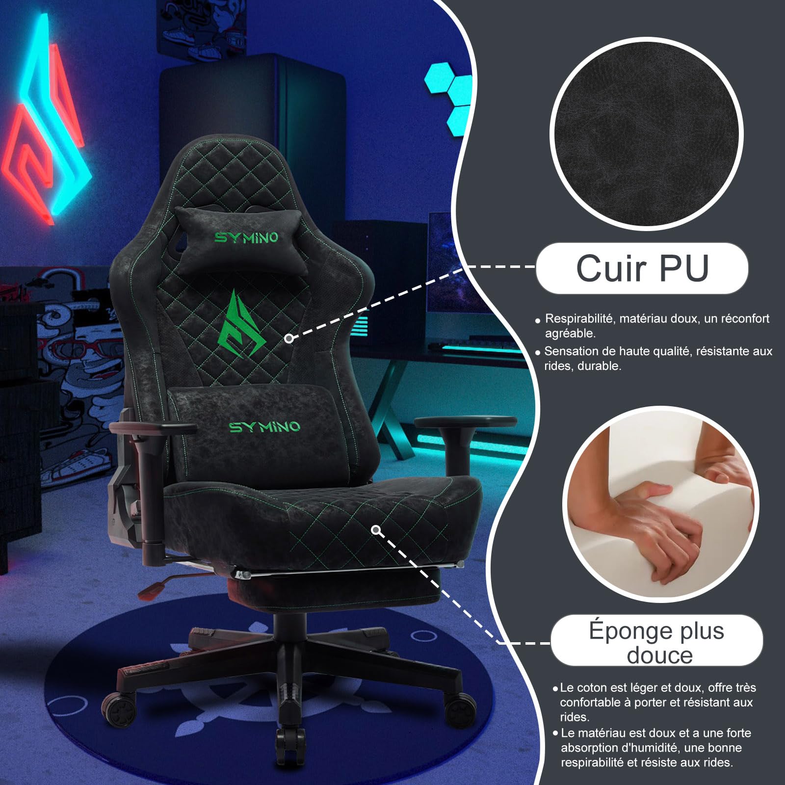 Symino Sedia Gaming con Poggiapiedi, Braccioli 3D Regolabili, Schienale Alto Ergonomico Reclinabile 90-150°, Pelle PU Trapuntata a Rombo, Cuscino Lombare & Poggiatesta, Portata 200 kg