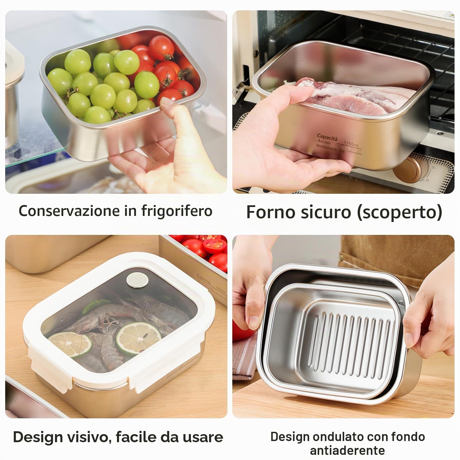 PORFOYO Set di 3 contenitori salvafreschezza con coperchio, 800 ml/1150 ml/1400 ml, in acciaio inox con coperchio trasparente, ermetici e a prova di perdite