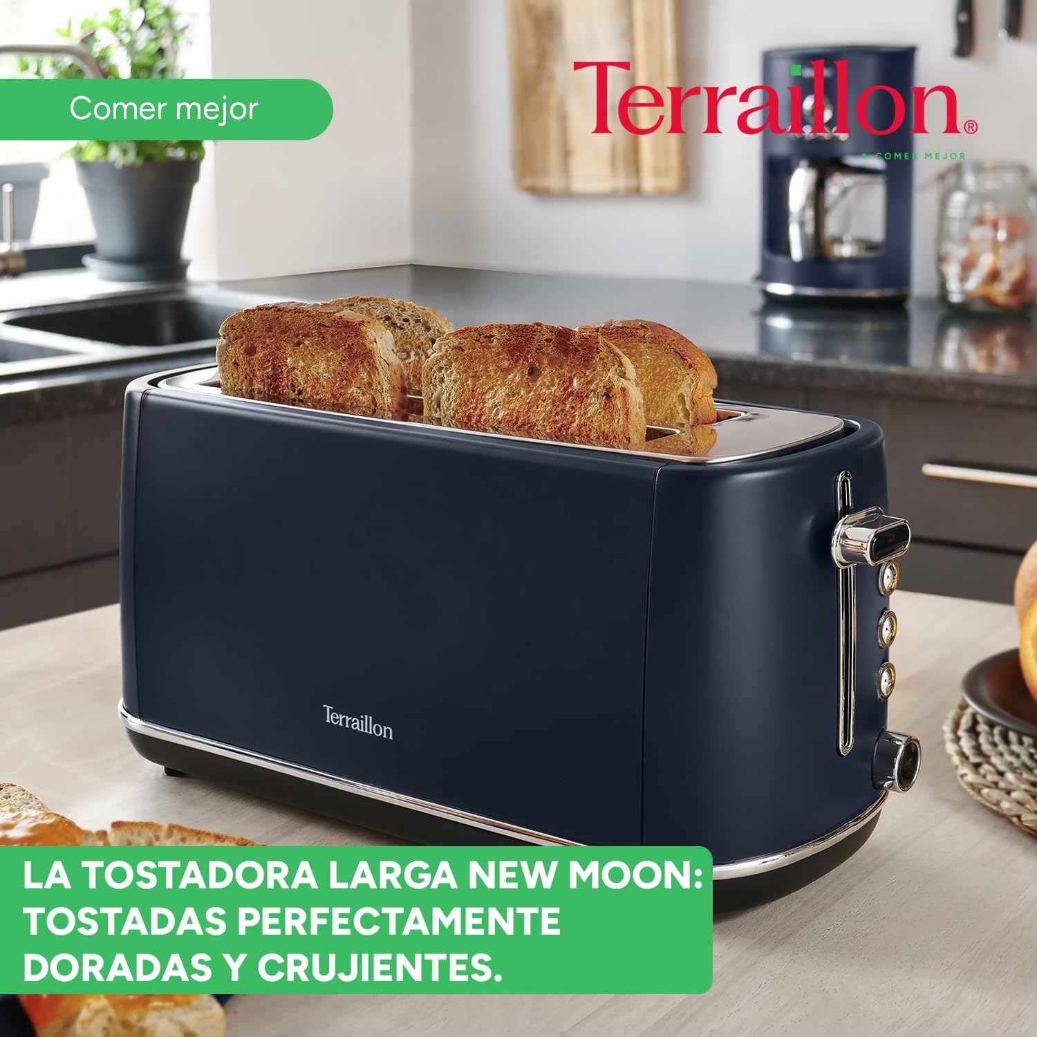 TERRAILLON - NEW MOON- Tostadora de pan largo, 2 ranuras extra anchas, 6 niveles de potencia (1550W) - Descongelación, calentamiento, apagado automático, cajón recoge migas, cuerpo de acero inoxidable