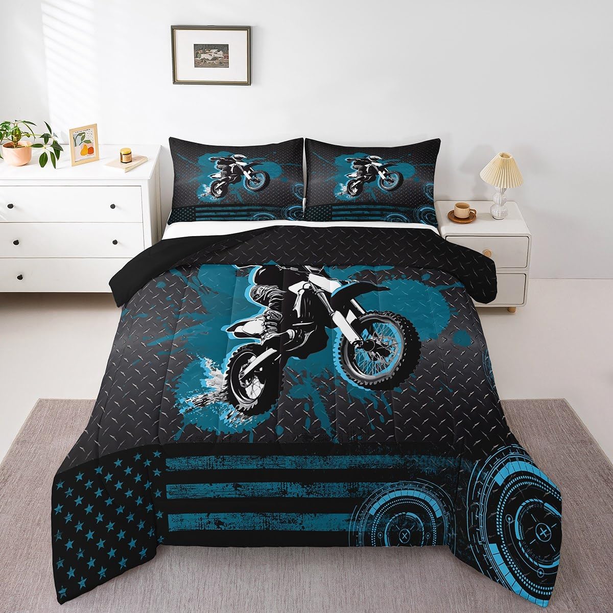 Feelyou Kids Blue Dirt Bike Comforter Set Extreme Sports Motorcycle Bedding Set Full Size for Kids Boys Girls Teens Room Decor Duvet Quilt Racing Motocross Rider Soft Microfiber