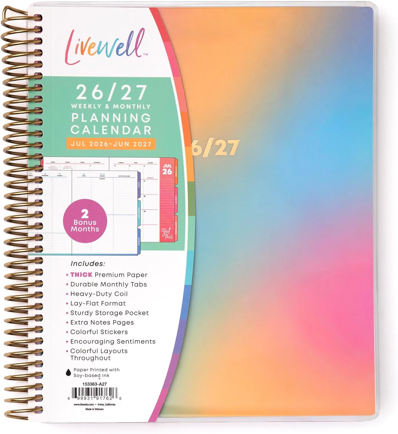 Blue Sky Livewell 2026-2027 Weekly and Monthly Academic Year Planner Calendar, July 2026 - June 2027, 7" x 9", Flexible Cover, Wirebound, Colorful Interior, Laminated Tabs, Storage Pocket, Includes Stickers, Beck