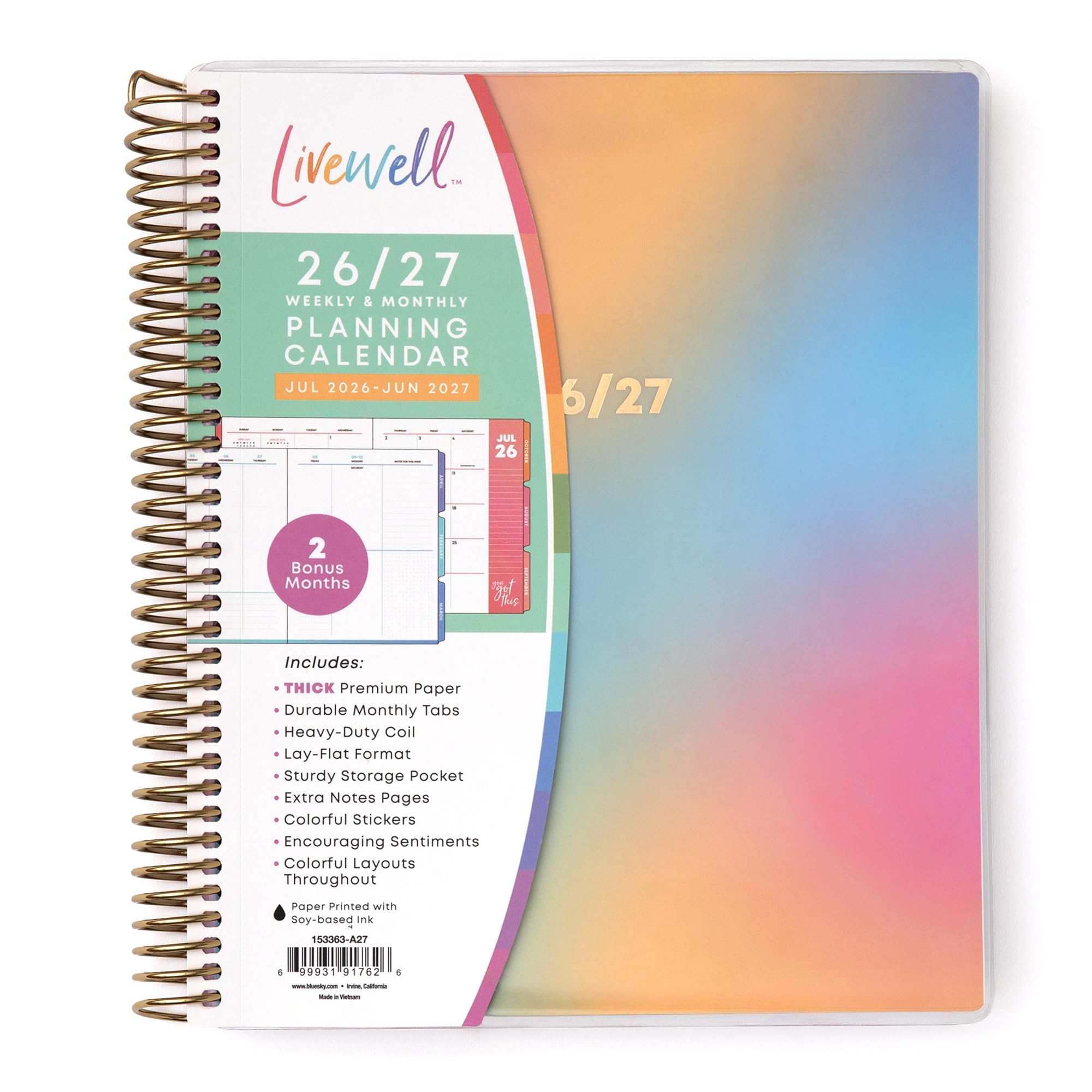 Blue Sky Livewell 2026-2027 Weekly and Monthly Academic Year Planner Calendar, July 2026 - June 2027, 7" x 9", Flexible Cover, Wirebound, Colorful Interior, Laminated Tabs, Storage Pocket, Includes