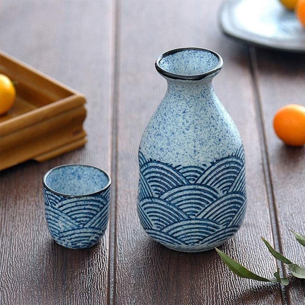 Service à saké japonais, ensemble de 5 tasses à saké, tasses en céramique au design de texture ondulée pittoresque, verres à vin artisanaux, pour froid/chaud/shochu/thé, meilleur cadeau pour la famil
