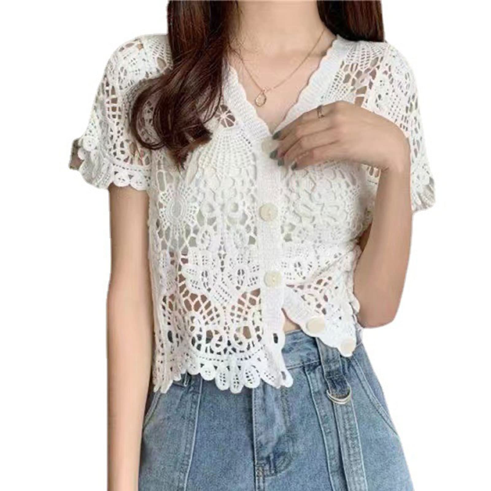 ROYJJ Women French Short Sleeve Lace Shrug Hollow Out Crochet Knit Cardigan V-Neck Button Down Sheer Crop for Jac