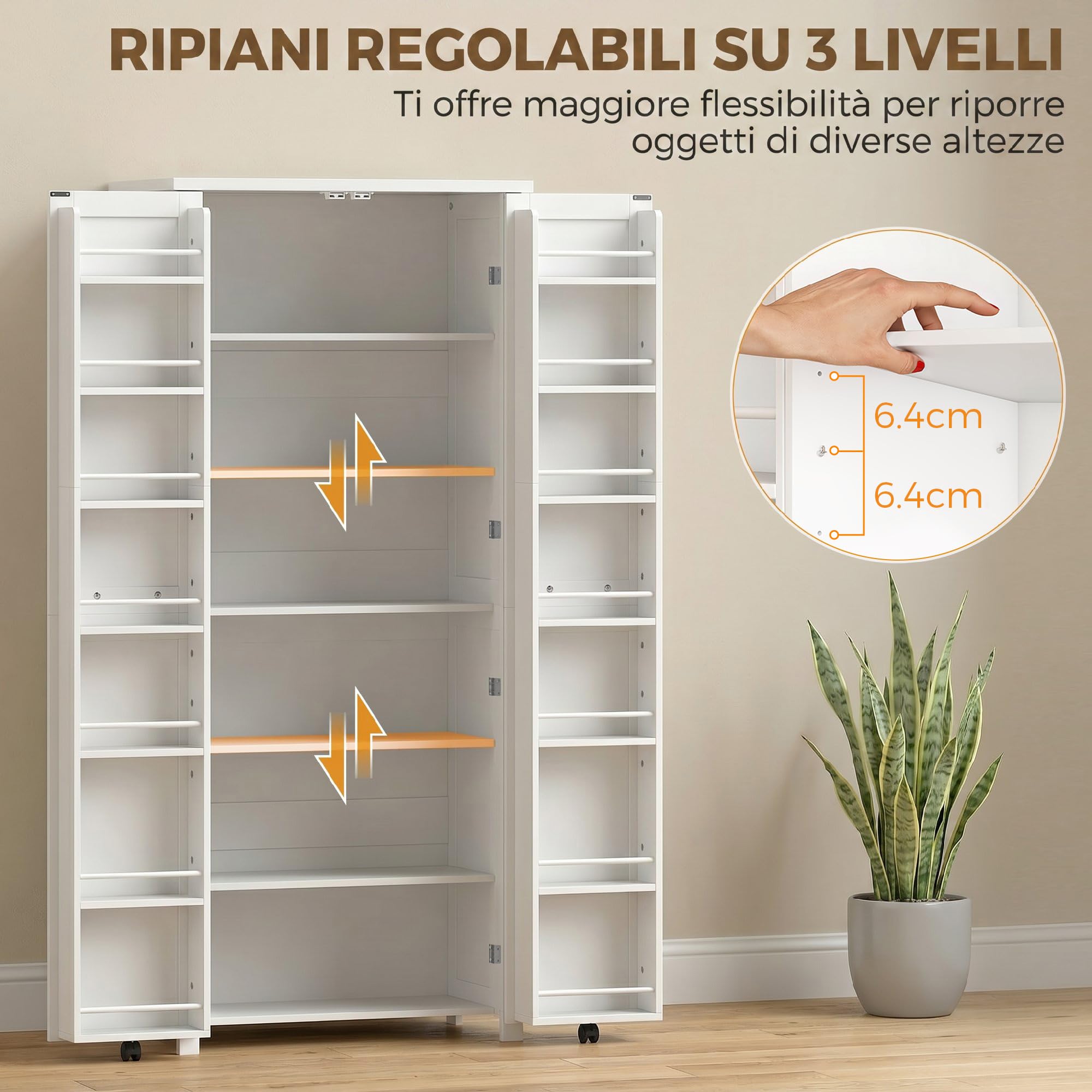 HOMCOM Credenza Cucina Alta 180cm, Mobile Dispensa con Ruote, Doppie Ante, 6 Ripiani, 14 Scomparti Portaspezie sulla Porta, Ripiani Regolabili, Mobile Cucina per Sala da Pranzo Soggiorno, Bianco