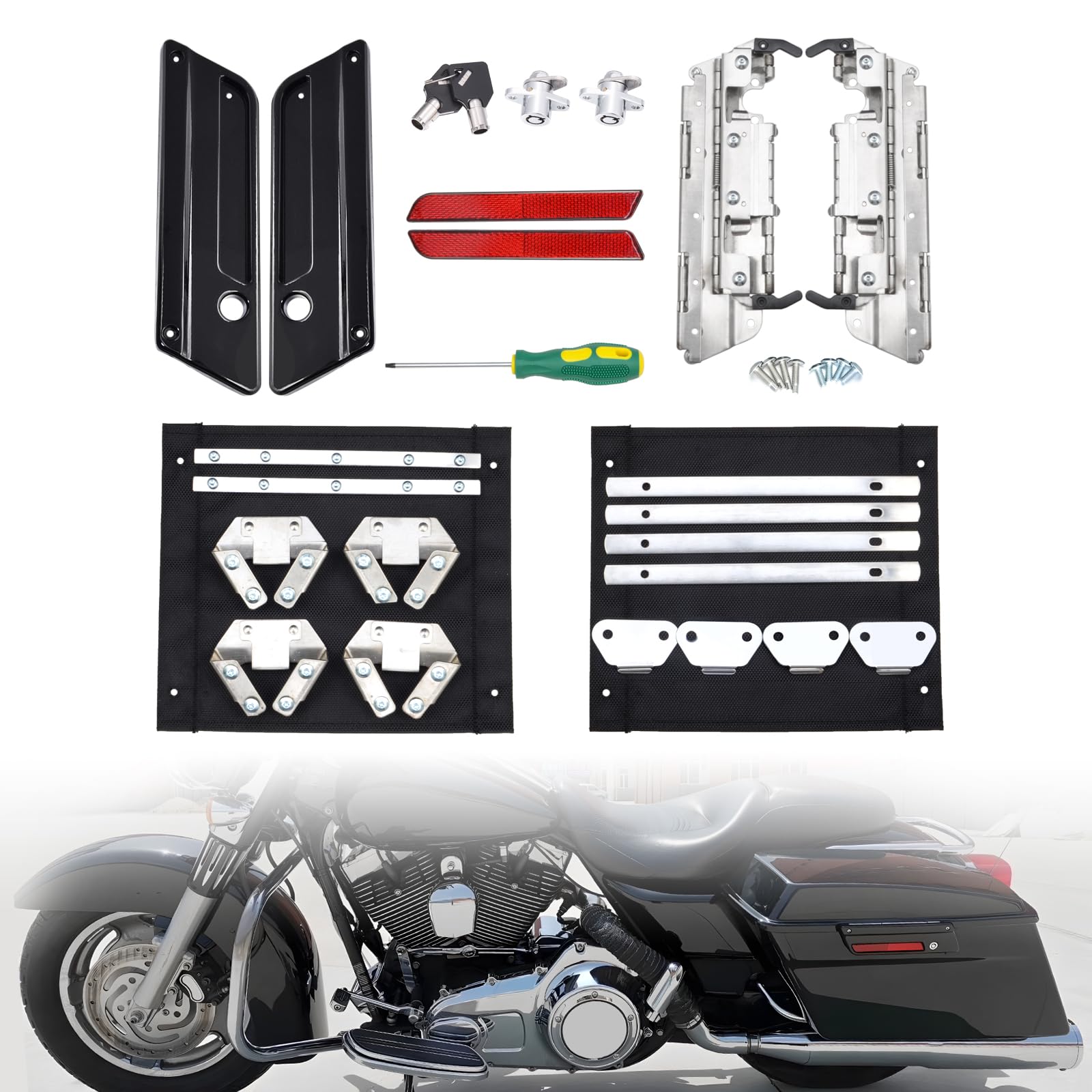 AmazichaSaddlebag Hardware Kit,Saddle Bag Latches Cover Saddlebag Red Reflectors Locks & Keys Compatible for Harley Davidson Touring Street Glide Electra Glide Road Glide Road King 1993-2013
