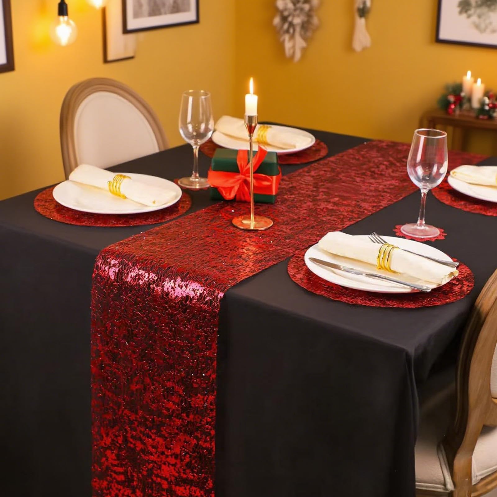 Rote Einweg-Tischsets, Set mit 50 roten Platzdeckchen, Metallic, dünnes Netz, rund, 33 cm, Glitzerfolie, gepresst, Esstischdekoration, Tafelaufsätze für Party, Hochzeit, Geburtstag