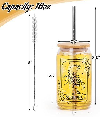 Miniatura 2 de Scorpio - Vaso de cerveza de 16 onzas con tapa, popote de metal y cepillo de limpieza, vaso de vidrio reutilizable para café, té, soda, jugo,