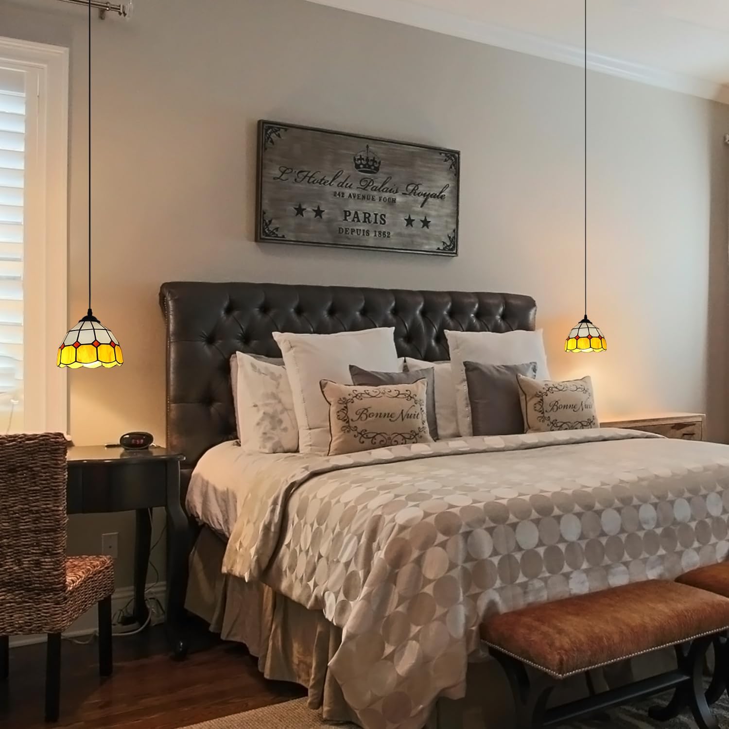 HuisMier Tiffany Plug in Pendant Light, Dimmable Mini Hanging Light with Plug in Cord and On Off Dimmer Switch, 15 Ft Vintage Stained Glass Swag Lamp for Dining Room Restaurant Bedroom, 7.9" Width