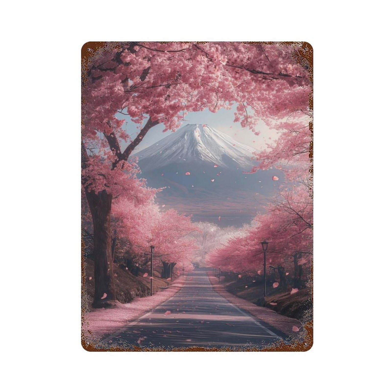 Japan Road And Sakura Tree Rustic Tin Plaque 15.7"x11.8", for Living Room, Hallway And Home Decor, Decorative Metal Wall Art
