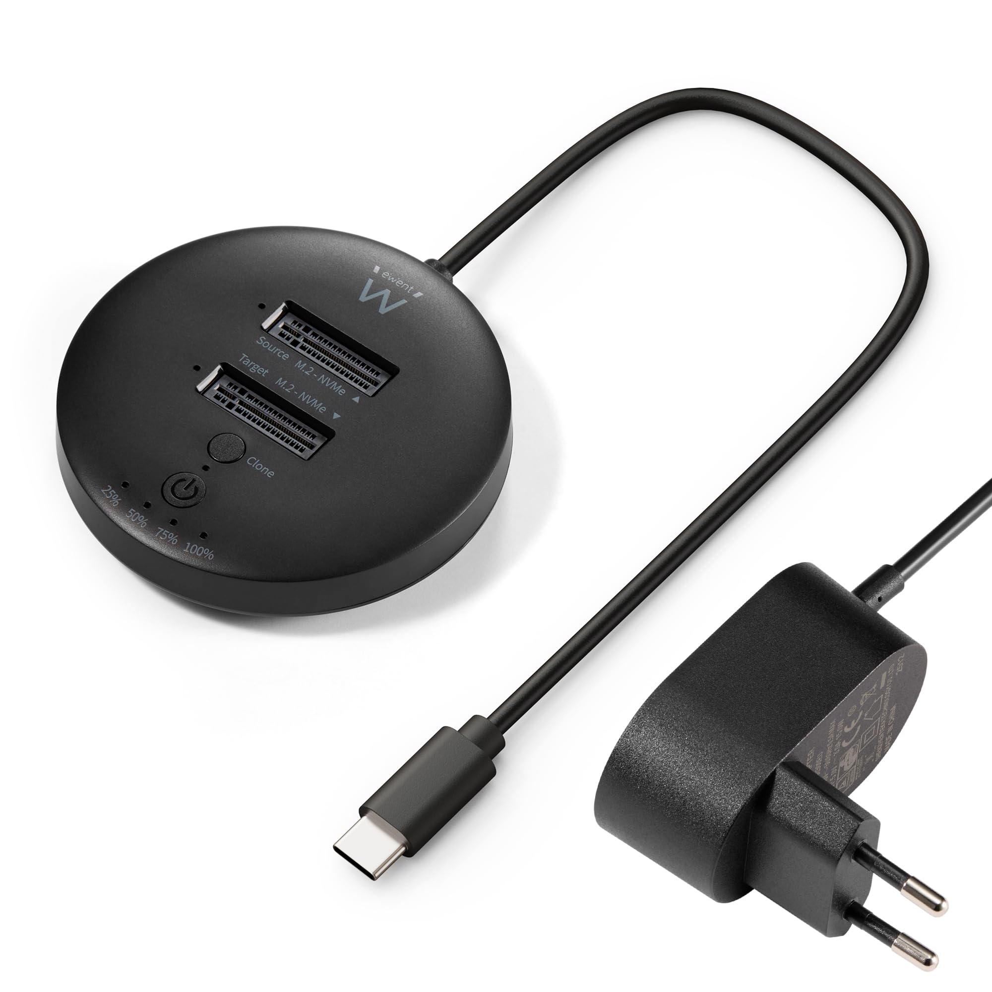 Ewent Stacja dokująca USB 3.2 Gen2 Type-C Dual-Bay do NVMe SSD, funkcja klonowania offline, wskaźnik statusu LED, zasilanie 12 V3A, podwójne gniazdo M.2, również do OTG, prędkość klonowania do 10 Gb/s