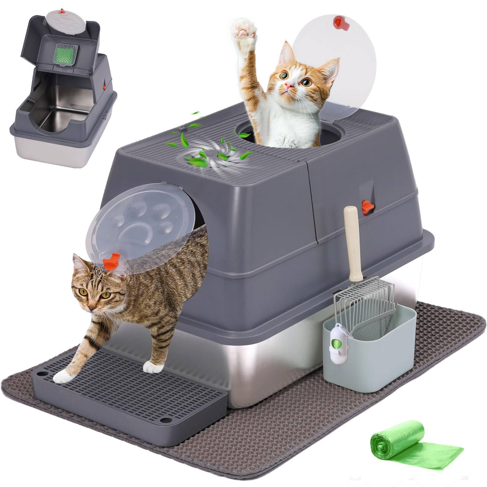 Arenero Gato Acero Inoxidable XXL, Arenero Gato Grande - Arenero de Metal para Gatos Grandes con Bordes Altos, Superficie Antiadherente, 60 x 40 x 40 cm Gris