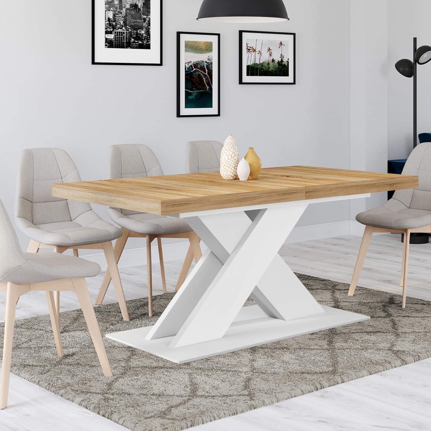 IDMarket Alicia - Mesa de comedor extensible rectangular 6-10 personas, madera y blanco, 160-200 cm