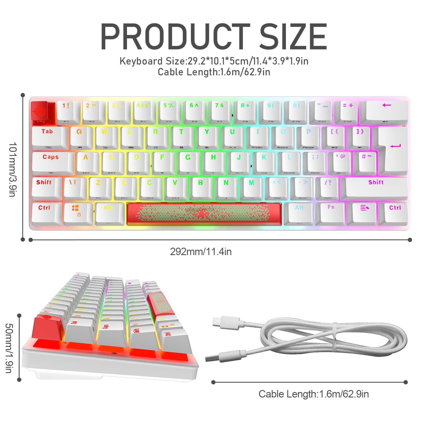 Układ brytyjski, mechaniczna klawiatura do gier RGB, 14 efektów podświetlenia, mini 62 klawisze, przewodowa typ C + lekka mysz RGB 6400DPI o strukturze plastra miodu + podkładka pod mysz kompatybilna z PS4, Xboxem, PC, laptopem (czerwono-czarna)
