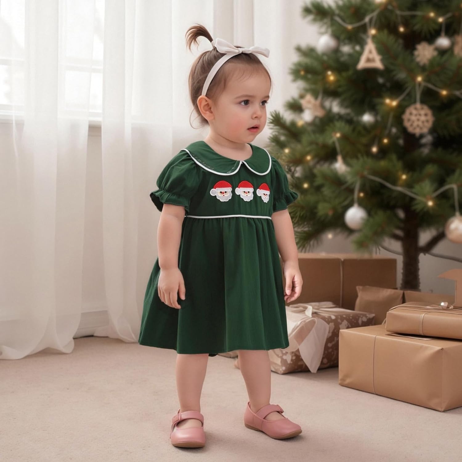 Toddler Infant Baby Girl Christmas Outfit Short Sleeve Doll Collar Santa Embroidery Smocked Dress Fall Xmas Outfit - Image 8