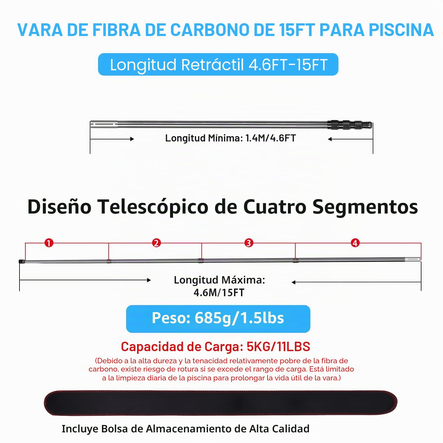 DOBEN Barra telescópica para piscina de fibra de carbono, barra de piscina ajustable de 1,4 m hasta 4,6 m, barra telescópica profesional para piscina, barras de limpieza para red de skimmer, cepillo,