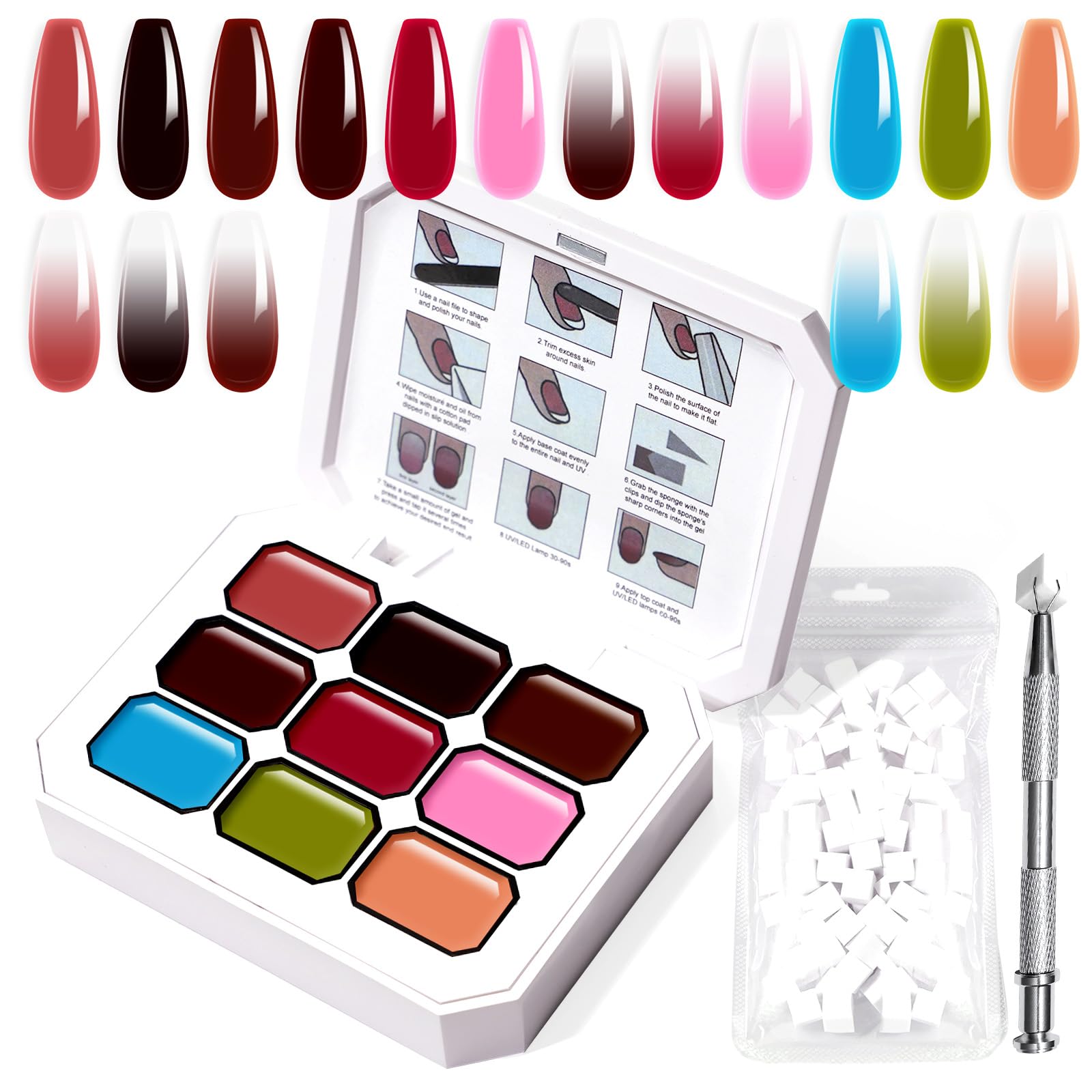 U-Shinein Gradient Painting Gel Set, 9 Colors Ombre Gel Nail Polish Red Brown Light Blue Pink Sponging for Pigment Pat Aura Nails French Manicure Soak