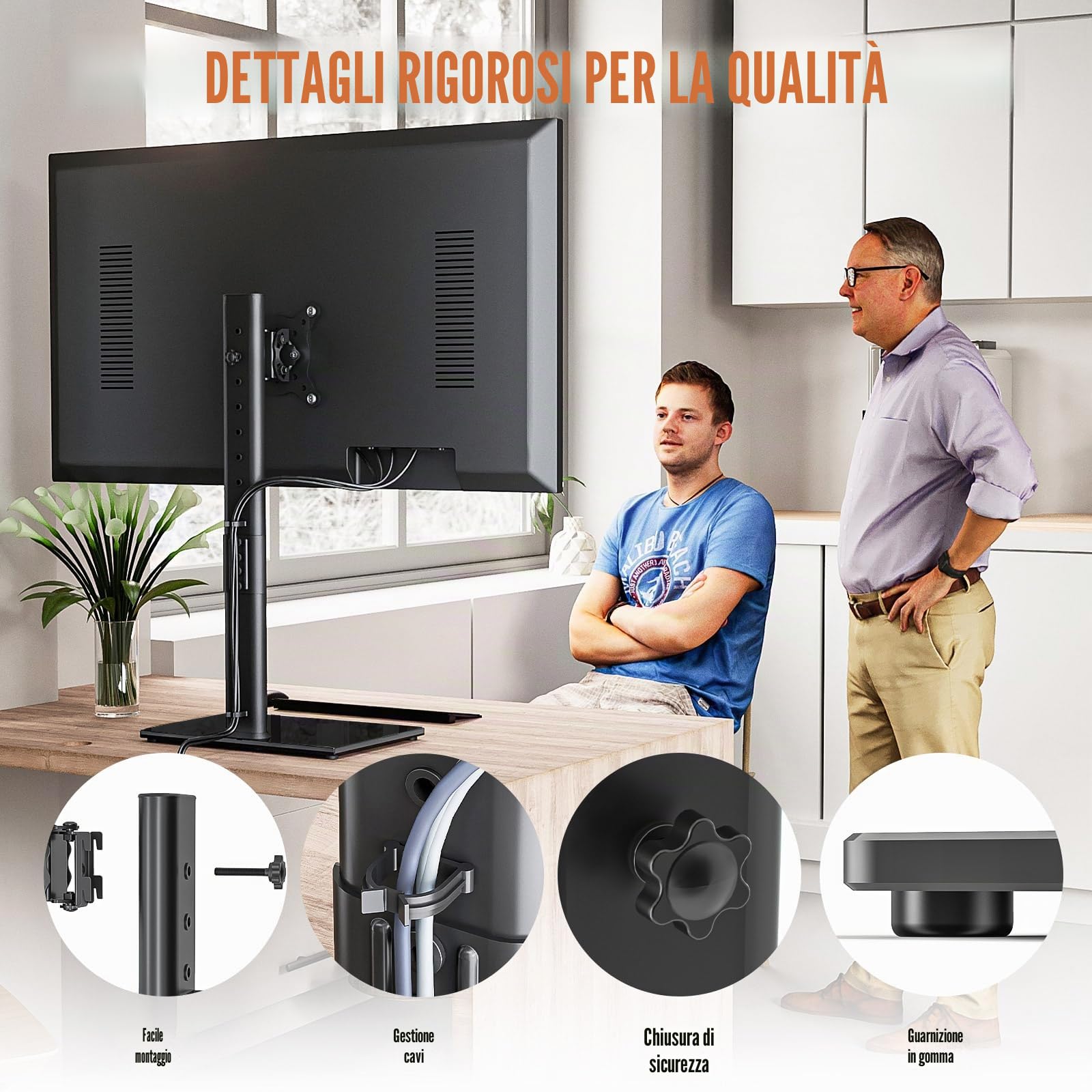 Hemudu Supporto Singolo per Monitor da 27 a 43 pollici, Alto Supporto Monitor da Scrivania con Base Regolabile, Monitor Braccio fino a 35kg con girevole ± 45 °