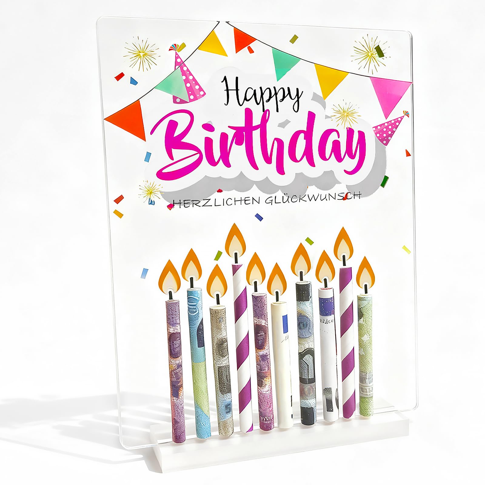Dumeher Geldgeschenk Geburtstag Premium Geburtstagsgeschenk Geburtstagskerzen Geld - Acrylglas mit Happy Birthday Geld Geburtstag Verpackung für Männer und Frauen Junge Mädchen