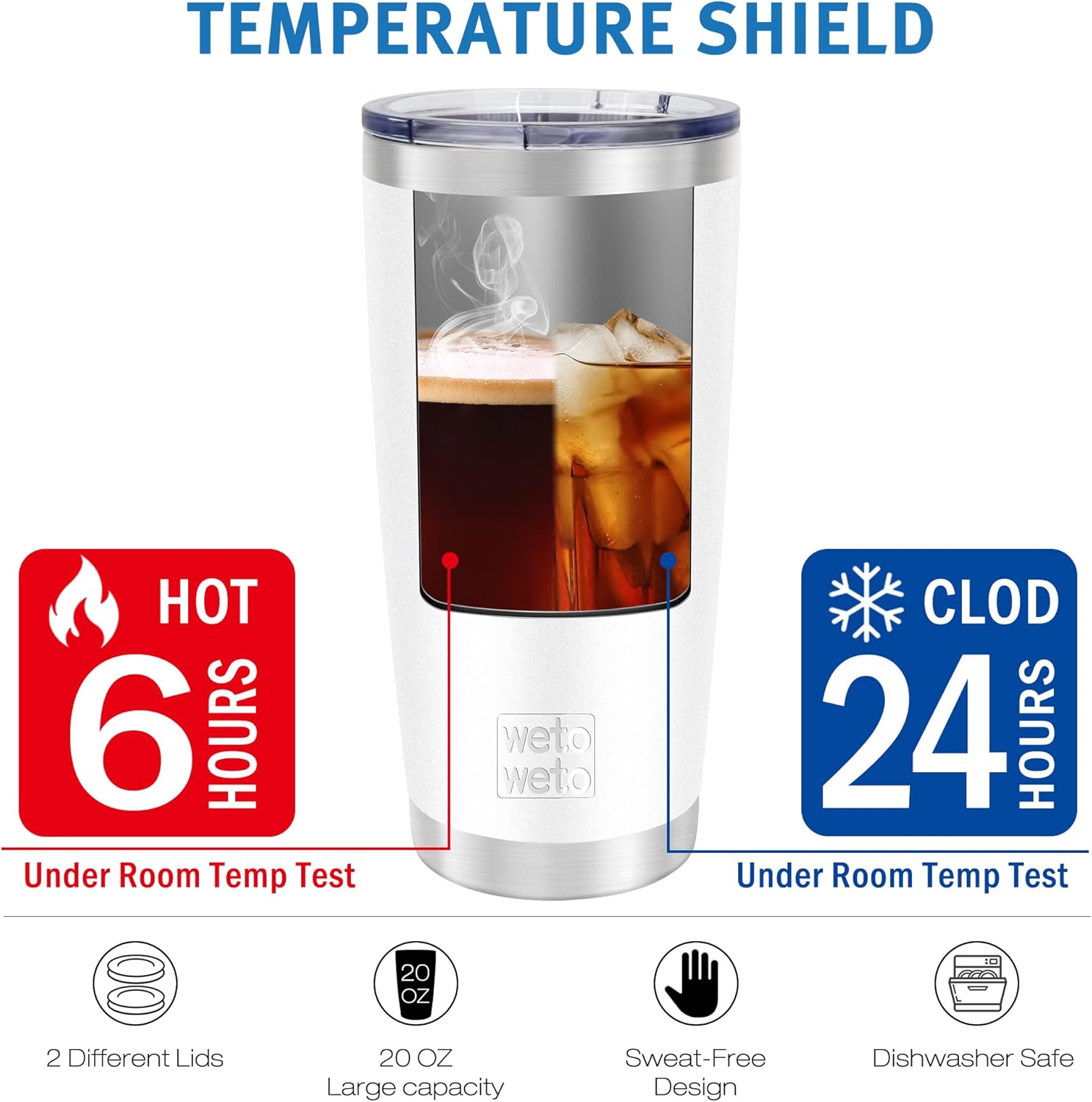 WETOWETO 20oz Tumbler with 2 lids and 2 straws, Stainless Steel Vacuum Insulated Water Coffee Tumbler Cup, Powder Coated Spill-Proof Travel Mug Thermal Cup for Hot and Cold Drinks(White, 1 Pack) - Image 6