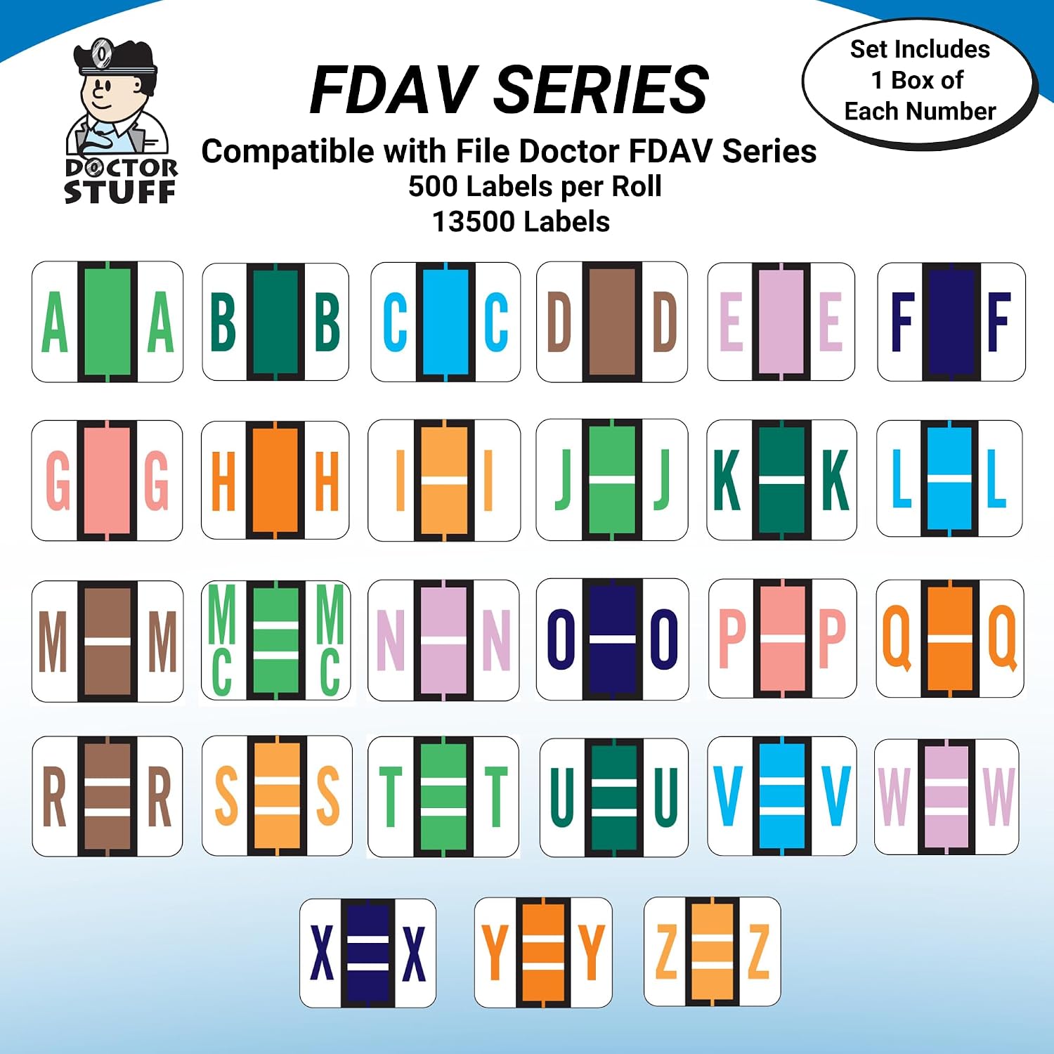Doctor Stuff - File Folder Labels, Alphabet Letter, Complete Set A-Z, Plus Mc, with Tray, File Doctor - FDAV Series Compatible Alpha Stickers, 1" x 1-1/4", 27 Rolls, 500/Roll