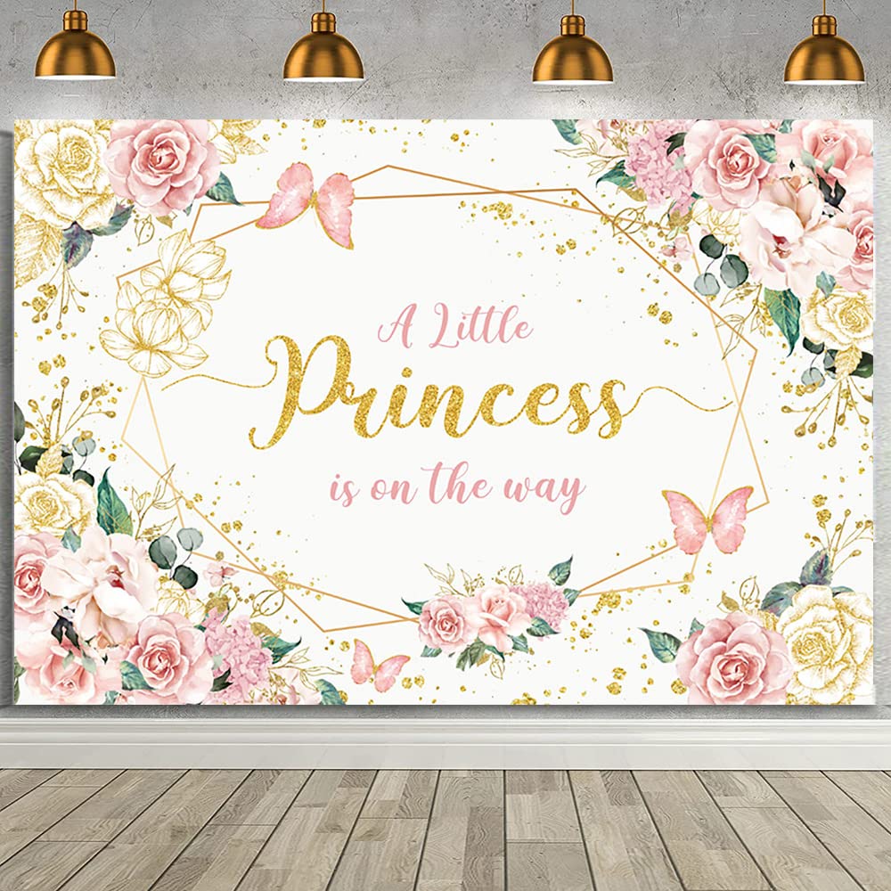 AIBIIN Princess Baby Shower Backdrop for Girl A Little Princess is On The Way Backdrop Baby Girl Banner Pink Floral Butterfly Baby Shower Decorations