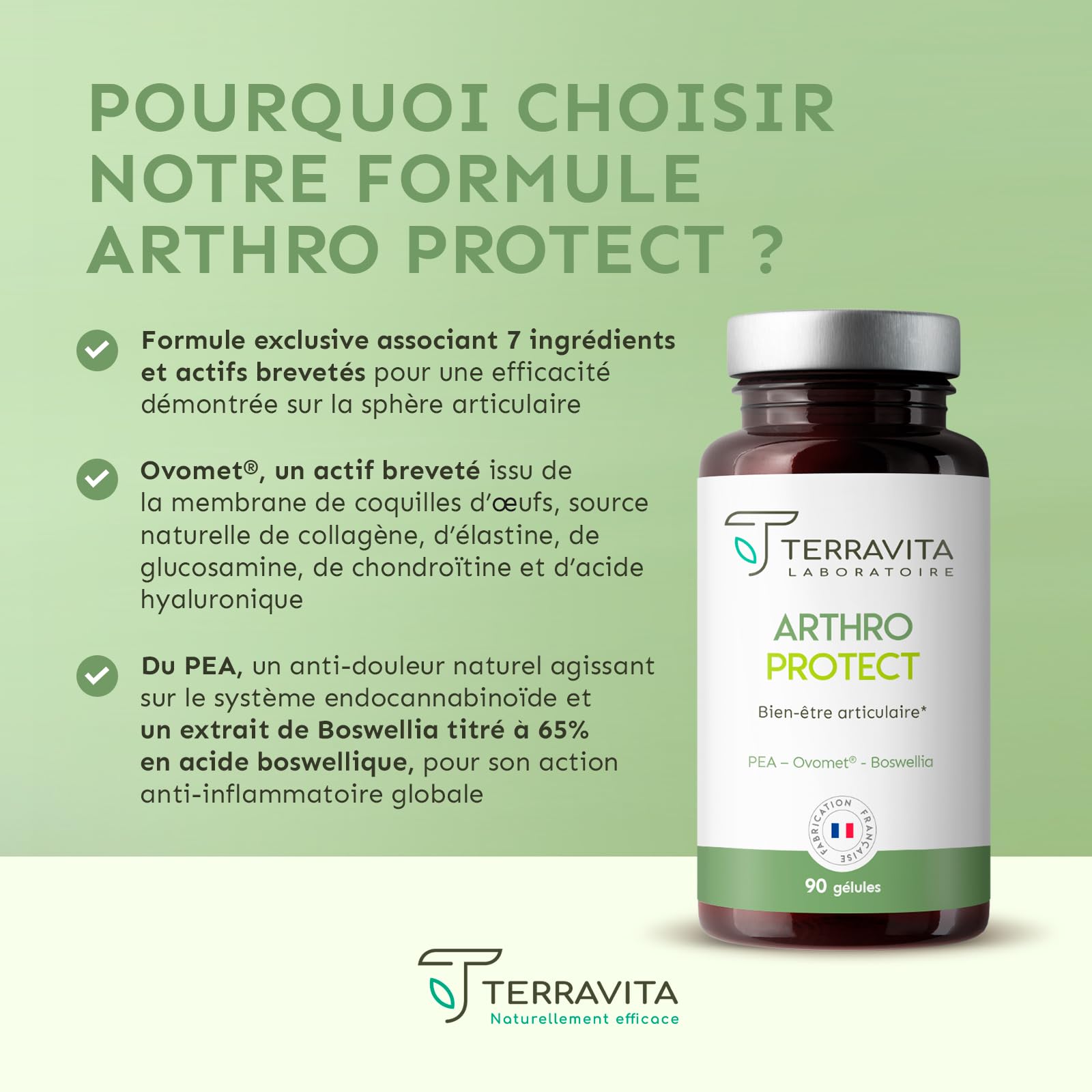 Arthro Protect | Formule Articulation avec PEA + Ovomet (Glucosamine, Chondroïtine, Collagène, MSM) + Boswellia | Soulage et Protège les Articulations | 90 Gélules Vegan | Made in France | Terravita