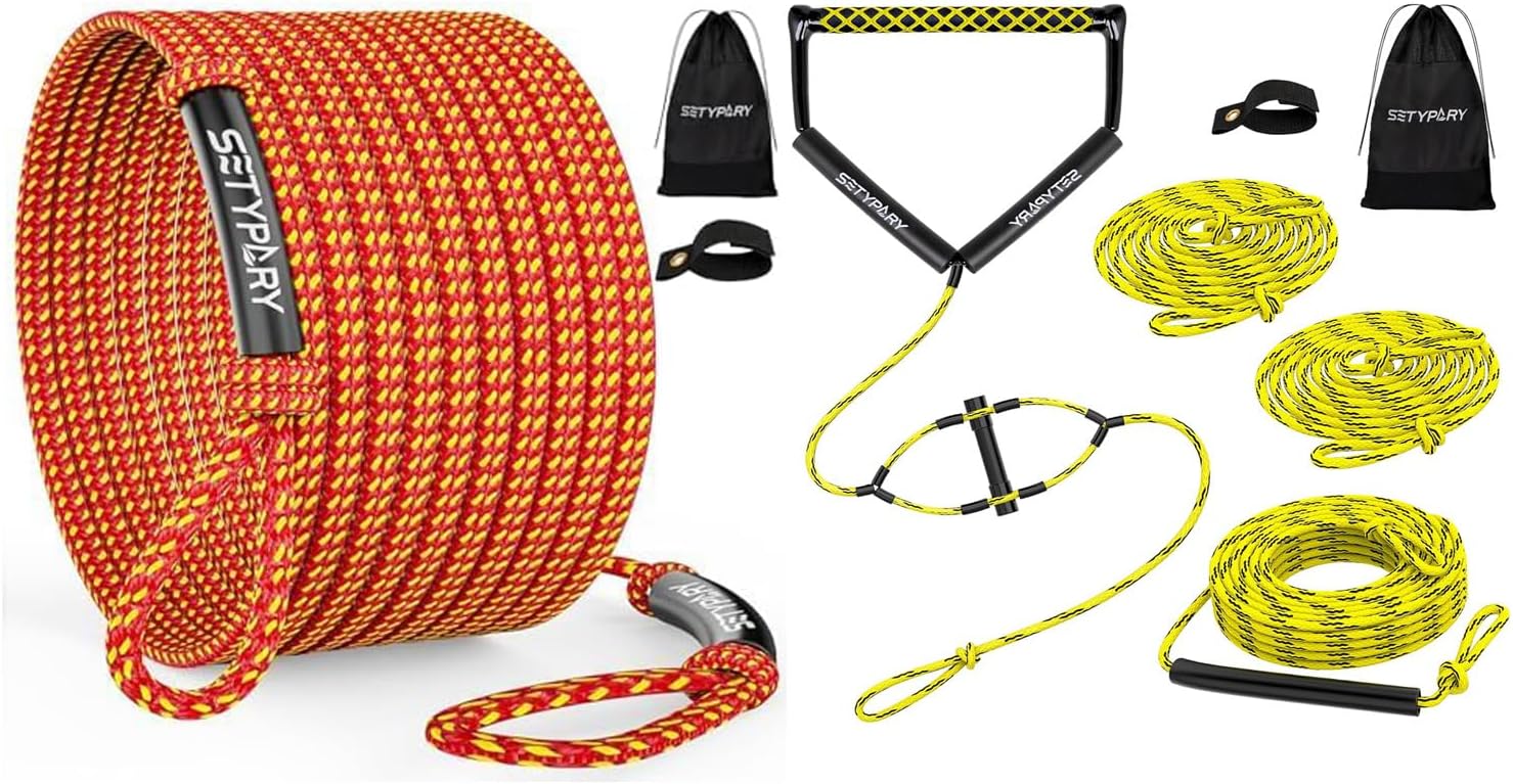 60FT & 75FT Combo: 4K Heavy-Duty Floating Tube Tow Rope for 1-4 Person Towable Tubes (Orange & Yellow) + Wakeboard Rope with Handle, 4-Section Adjustable Water Ski Rope (Yellow & Black)