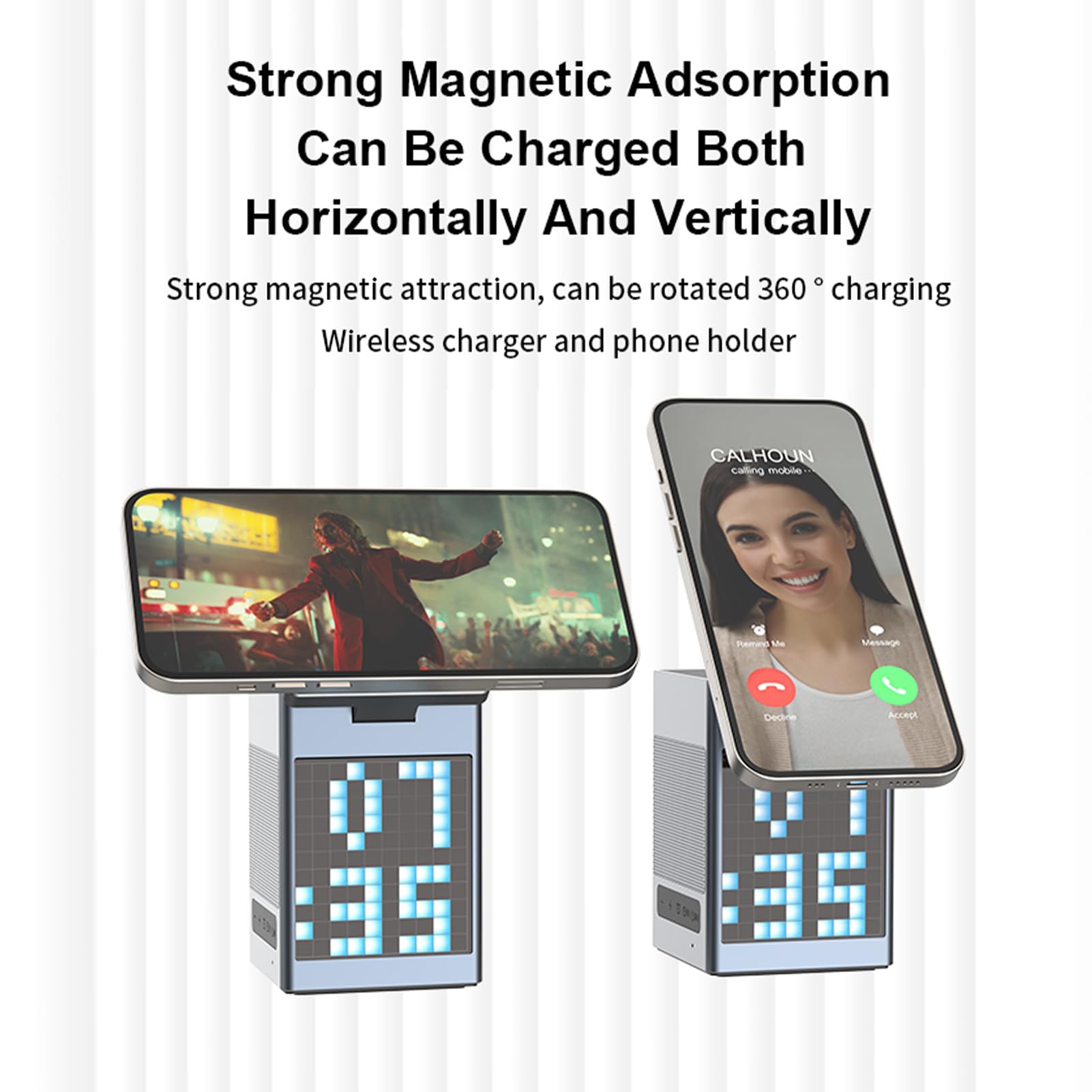 6 en 1 Station de Charge sans Fil Magnétique, Quai de Charge Rapide Pliable 15W pour la Montre D'écoute Téléphonique, Support de Chargeur de Voyage avec Horloge LED,