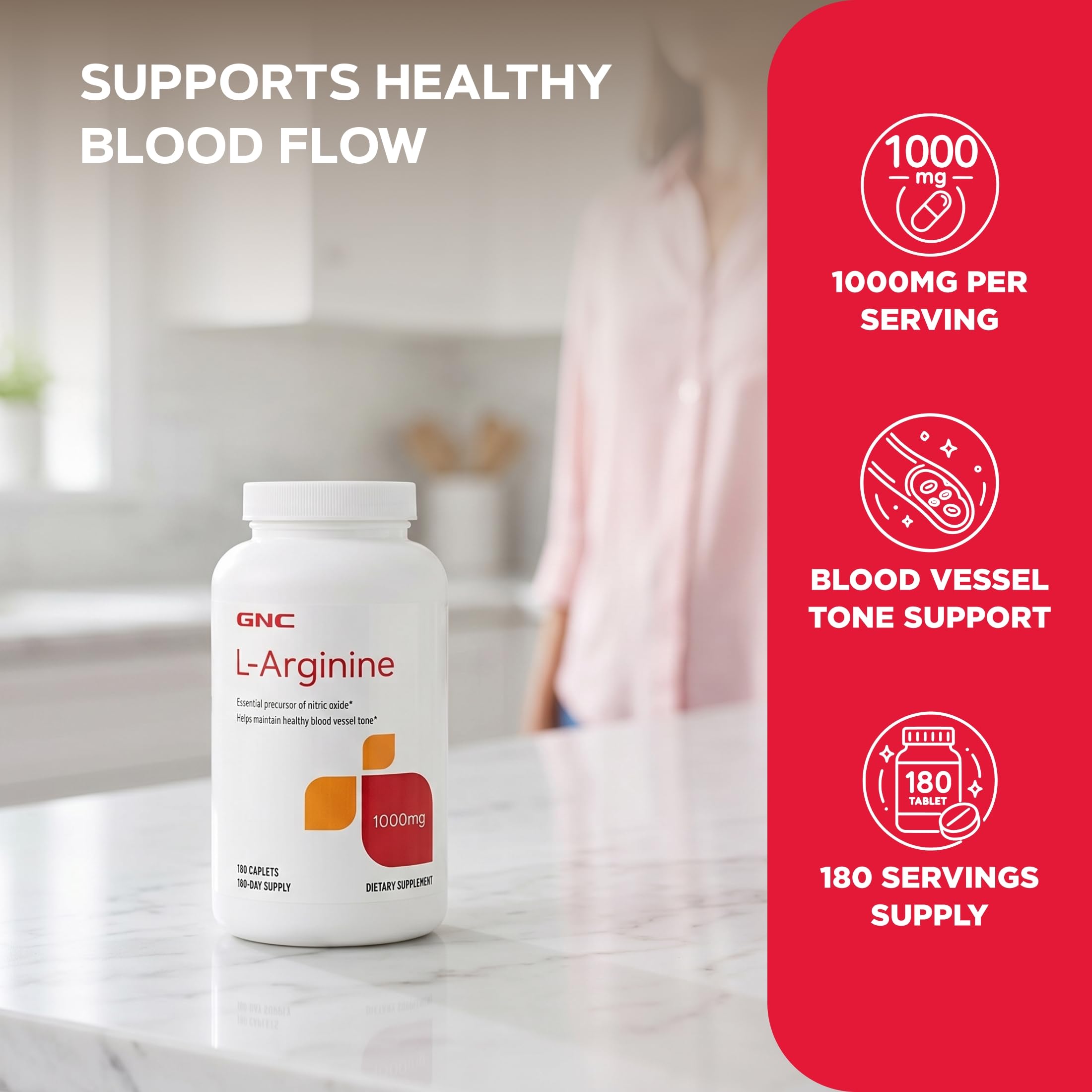 GNC L Arginine 1000mg Supplement, Healthy Blood Vessel Tone, 180 Servings
