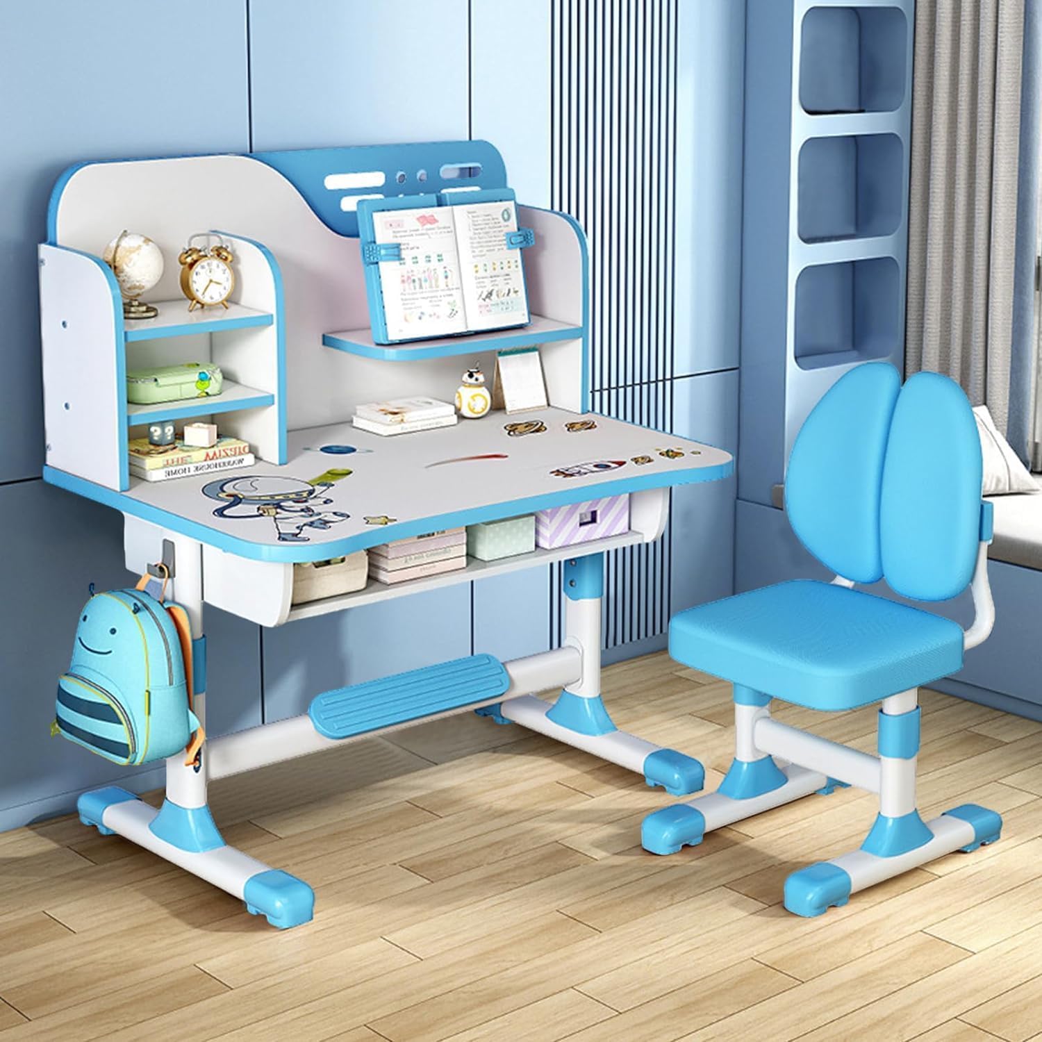 tekrabea Childrens Desk and Chair Setswith Golden Distance Design, Height Adjustable Kids Desks and Chair Set for Boys and Girls, Kids Desk Set with Writing Board, Bookshelf and Drawer, Blue