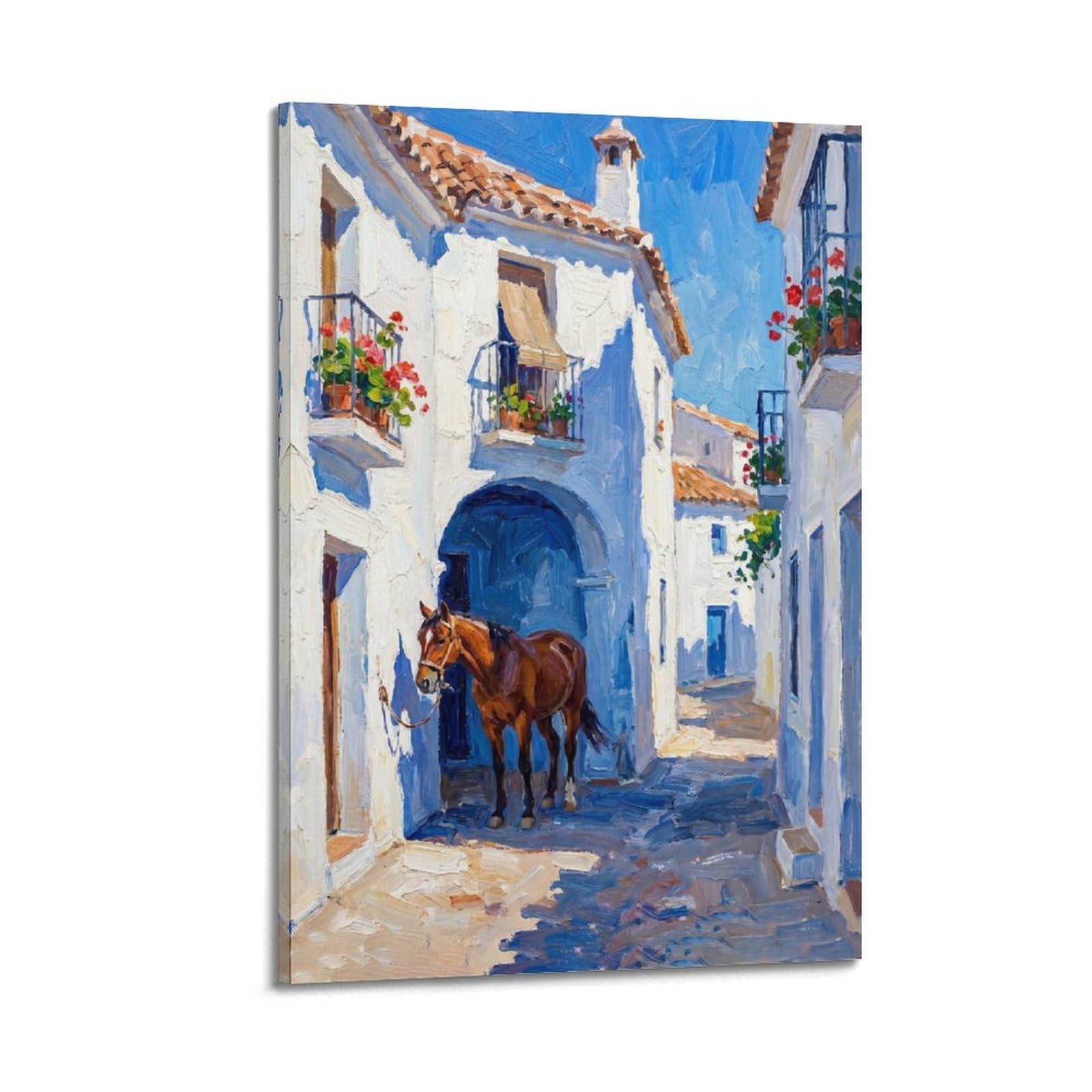 XKUGA Andalusia Horseback Riding Travel Poster Whitewashed Village Modern Decorative Canvas Prints - Ideal Wall Art for Family, Man Cave, Game Room, Boys & Girls Bedroom 20x30inch(50x75cm)