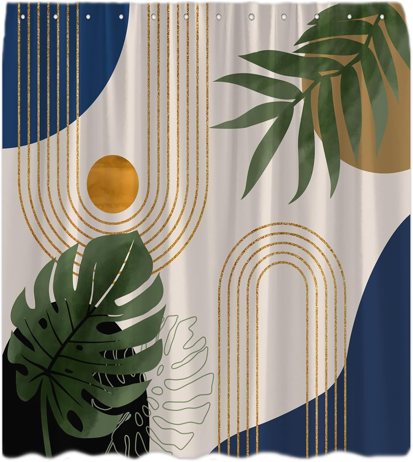 Mid Century Boho Sage Green Shower Curtain Abstract Geometric Modern Plant Botanical Minimalist Leaf Arch Sun Tropical Palm Leaf Neutral Navy Blue Fabric Bathroom Curtain Set with Hook