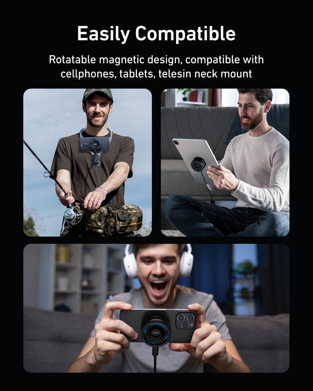 TELESIN Magnetic Phone Cooler - Fits Neck Phone Mount - Phone Cooling Fan for Gaming and Live Streaming Portable Phones Radiator for MagSafe - Supports Wireless Charging for iPhone/Android