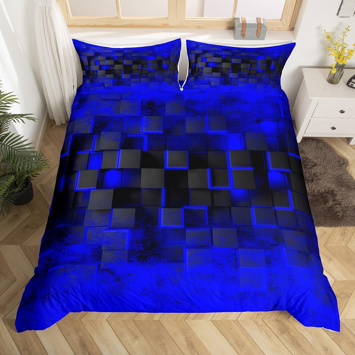 Homemissing Blue and Black Bedding Set Super King Size Kids Geometric Duvet Cover Set for Boys Geometric Honeycomb Duvet 2 Pillowcases Cover Modern Ombre Abstract Art Bed Sets Plaid Check Room Decor โ image 1