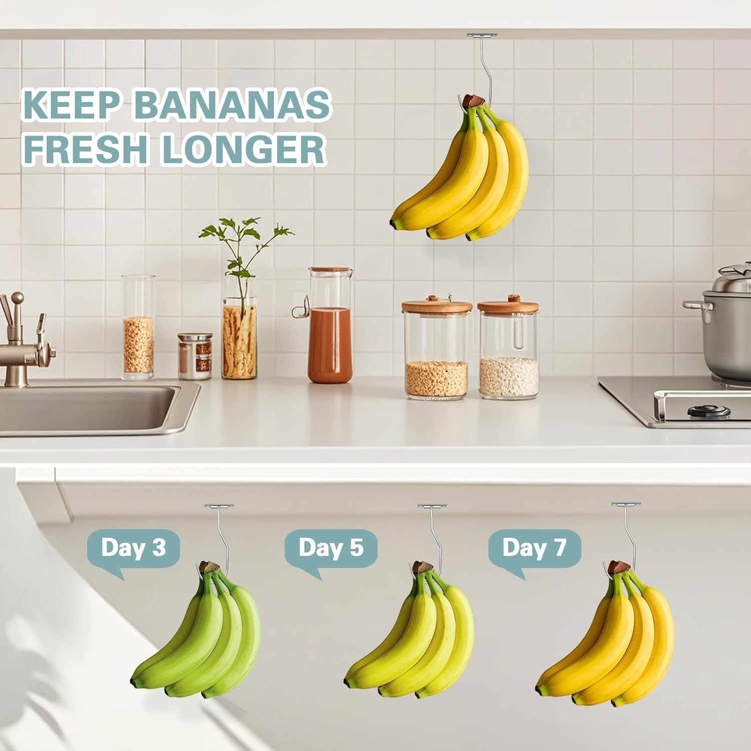 Banana Hanger Hook – Space Saving Banana Holder Hanger to Keep Bananas Fresh, Self Adhesive and Screw Banana Hook 1Pack Silver