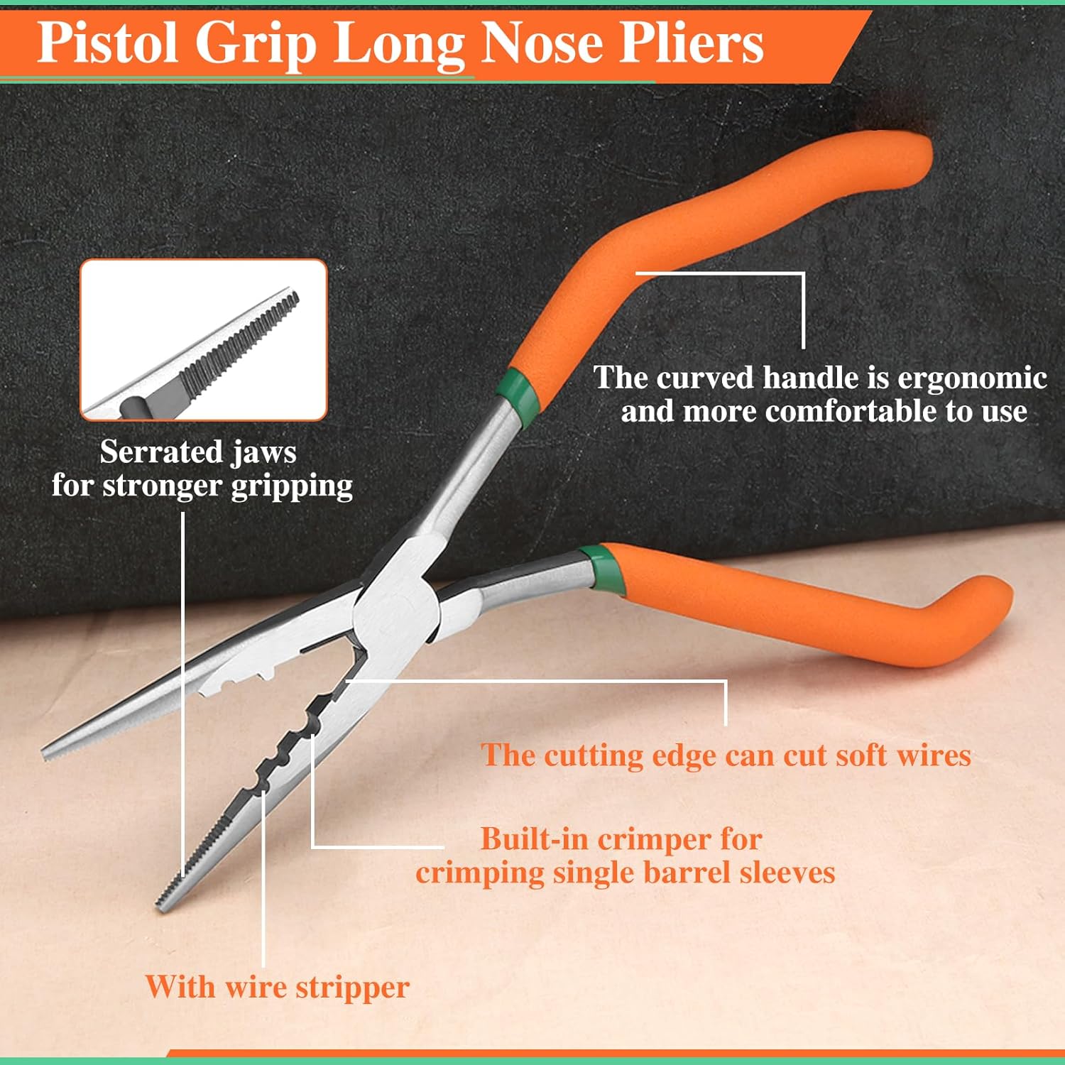 9 Inch Long Nose Pliers with Crimper, Wire Cutter and Serrated Jaw, Offset Pistol Grip, Ideal for Fishing and Tight Spaces
