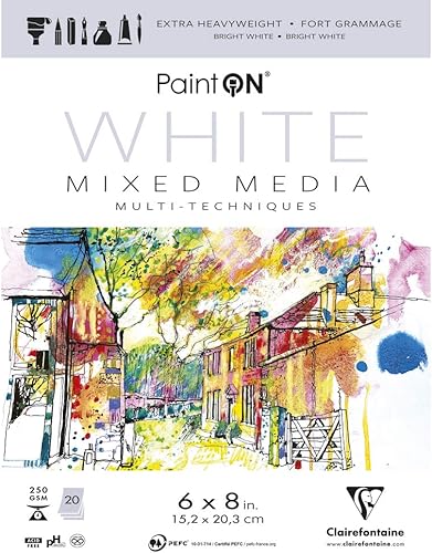 Clairefontaine - Ref 975480C - Paint'ON - Bloc blanco pegado (20 hojas) - 6.0 x 8.0 in (6 x 8 pulgadas), papel pesado de 8.82 ozm, sin ácidos