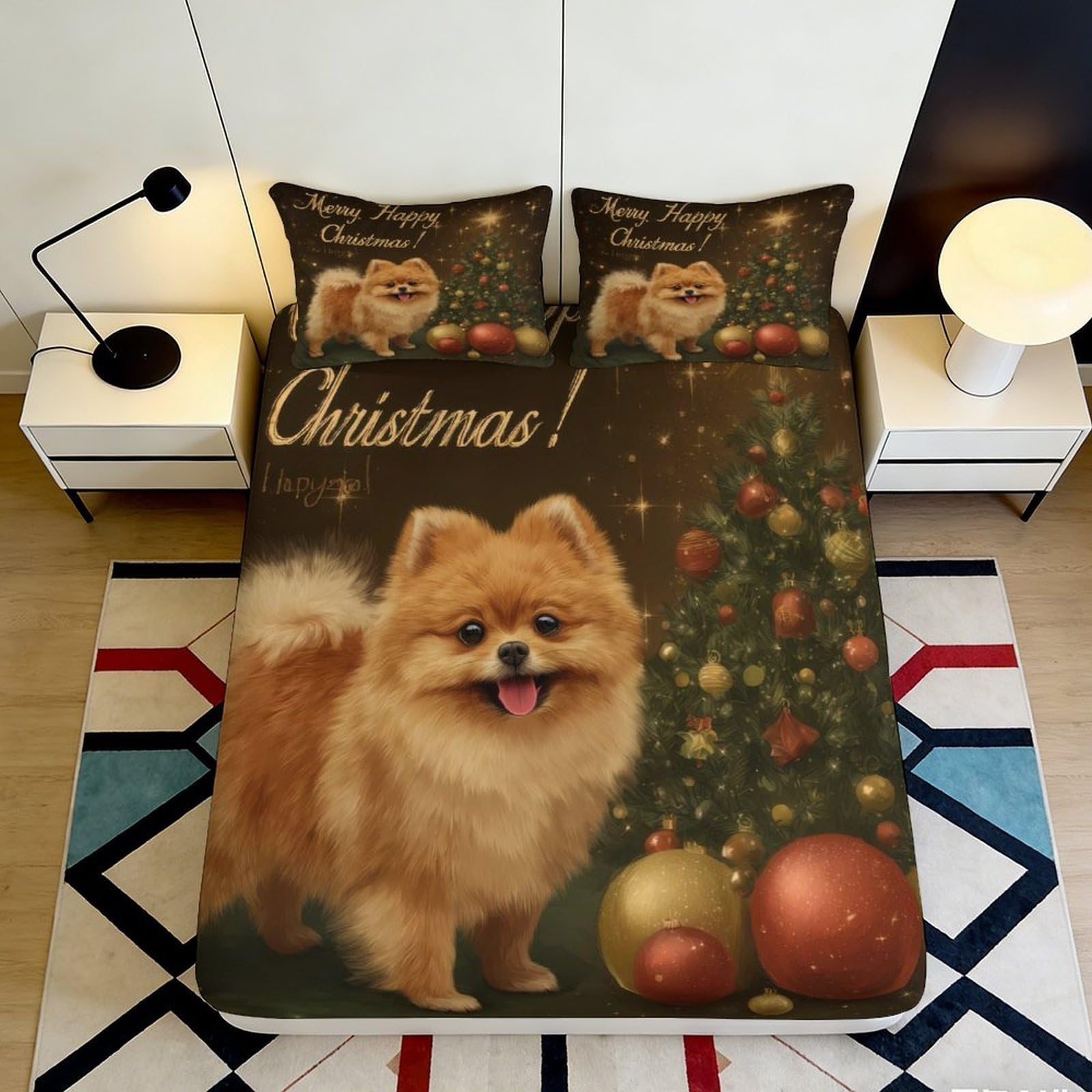 3D Printed Christmas Dog Fitted Sheet Microfiber Decorative Tree Bed Cover for Bedroom Guest Room Easy Care 90x200x25cm