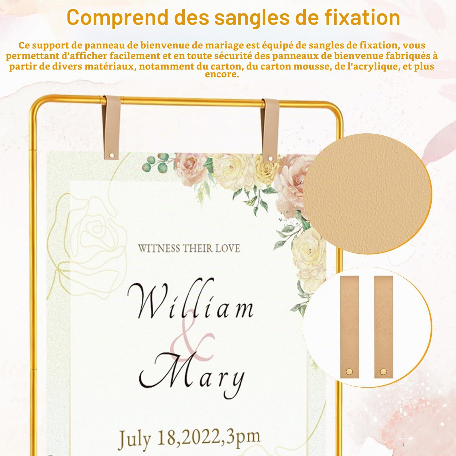 Présentoir Pour Panneau De Bienvenue De Mariage, 175x80x50cm Porte-Affiche De Mariage Ajustable En Métal Doré Avec 2 Sangles En Cuir Et Guirlande Lumineuse De 5M Pour Réception De Mariage