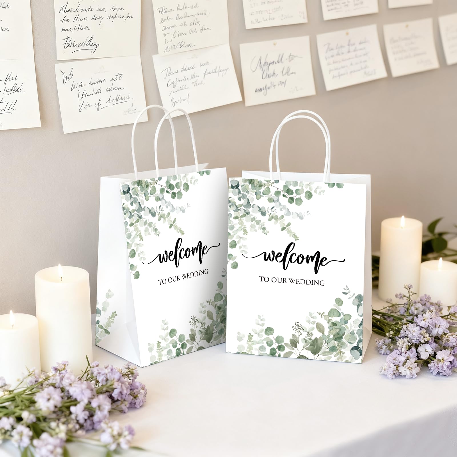 QIELSER 50 szt. torebek powitalnych dla gości weselnych luzem z metkami Witamy w naszych torebkach na prezenty ślubne z uchwytami na przyjęcie urodzinowe baby shower upominki materiały