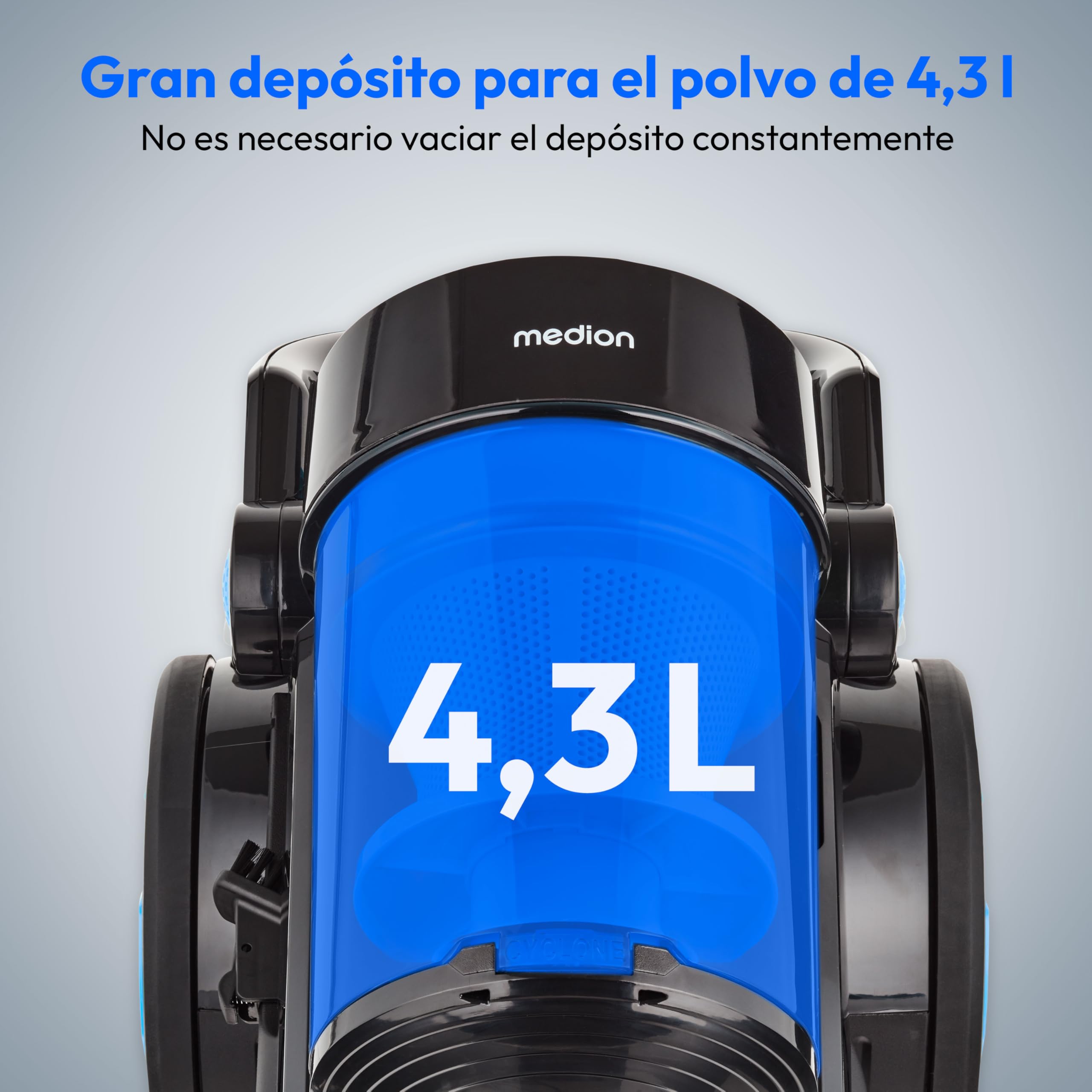 MEDION Aspiradora ciclónica sin Bolsa P4000 (900 vatios de Potencia, 4,3 litros de Capacidad del depósito de Polvo, Filtro HEPA 13 Lavable, Radio de Trabajo de 11 m, MD 11906) Azul