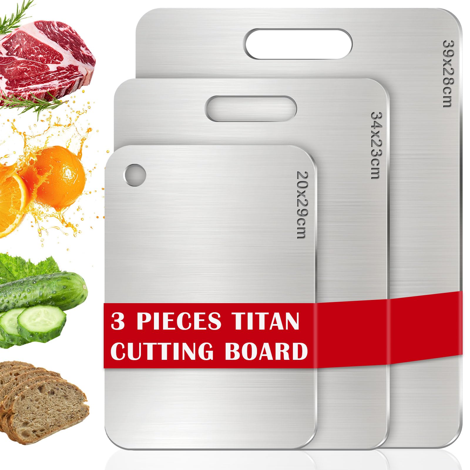 Titanium Chopping Board, 3 PCS BPA-Free Double Sided Food Grade Stainless Steel Chopping Boards, Easy to Clean Metal Cutting Board for Cutting Meat Vegetable Fruit, Non-Stick