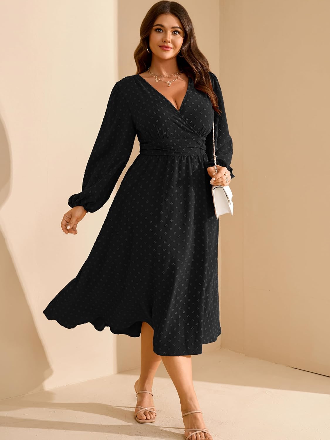 RWJ Women's Plus Size Fall Wedding Guest Dress Wrap V Neck Swiss Dot Lantern Long Sleeve Swing Boho Casual Dresses - Image 5