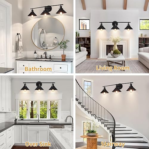 Miniatura 2 de TOULMJ Lámparas de tocador de baño, luces de tocador de granja, 3 lámparas de baño sobre espejo de pared con pantalla de metal, luces de tocador