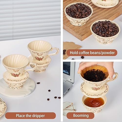 Miniatura 6 de YOLIFE Floarl - Juego de gotero de café, cafetera de cerámica con diseño de cono, 1 taza, regalo para mujeres (rosa)