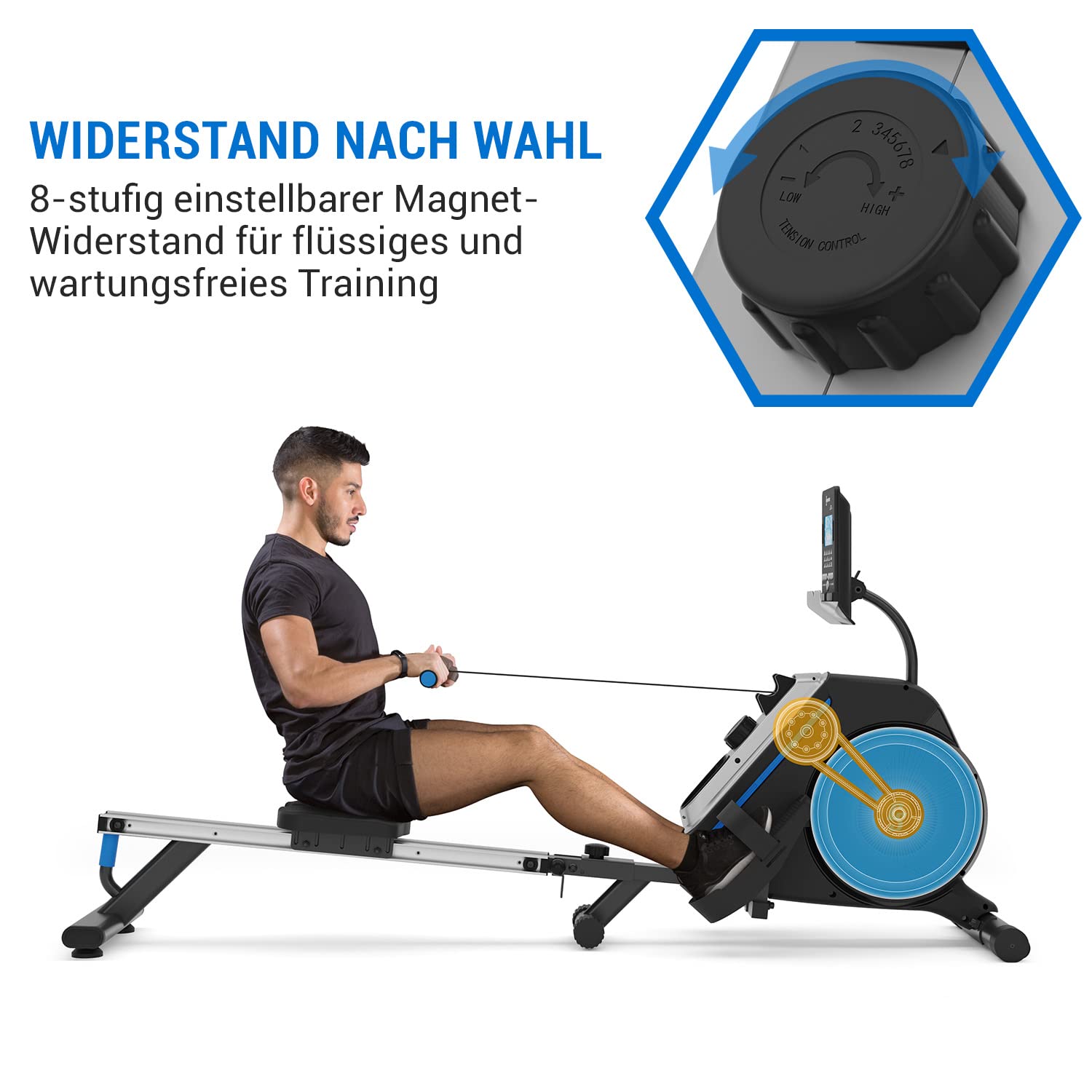 Capital Sports Rudergerät für Zuhause, Kompakter Rowshaper, Klappbar mit 8 Stufen, LCD-Monitor, Bodenrollen, Row Shaper mit Magnetwiderstand, Cardio, Fitnessgeräte