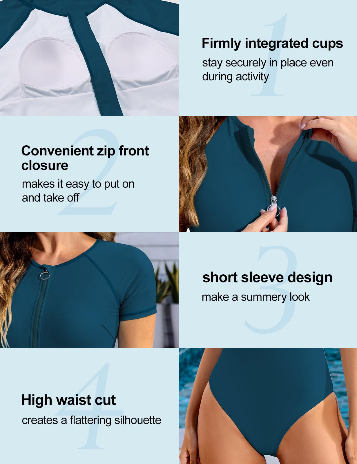Tuopuda Maillot de Bain Femme 1 Pieces Zip Up Surfwear Maillots Une Pièce Col Haut Fermeture éclair Manches Courtes Rash Guards Swimwear Slim Push Up Swimsuit