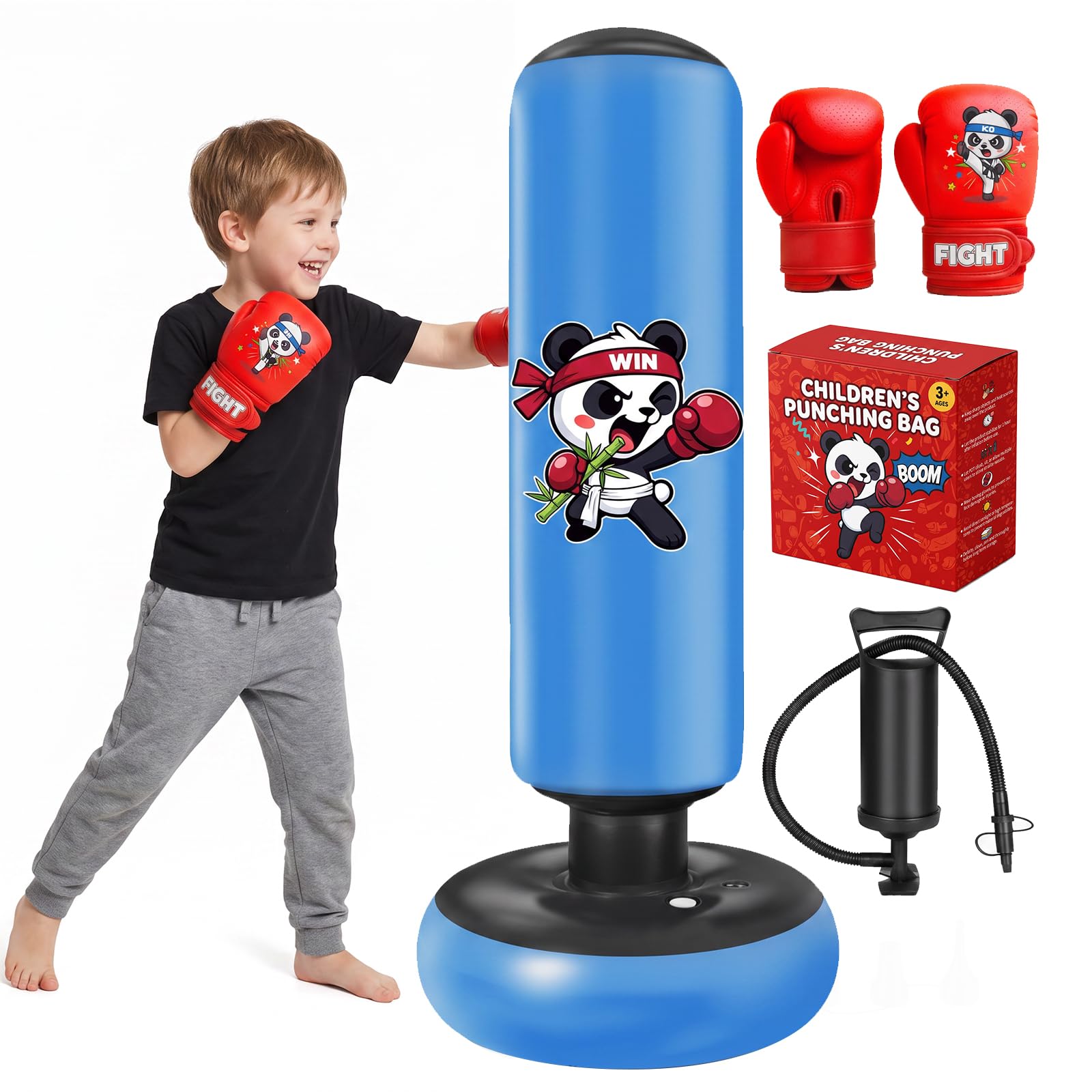 Sacco da Boxe da Terra Bambini, Qoosea Pungiball Gonfiabile Sacchi da Box | 130 cm Sacco da Boxe con Guantoni e Pompe, Età 3-12 Ragazzi e Ragazze per Pratica di Taekwondo Karate MMA